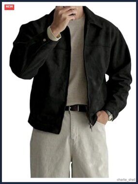 Men's Zip Up Suede Jacket Long Sleeve Collared Casual Fall Winter Coat